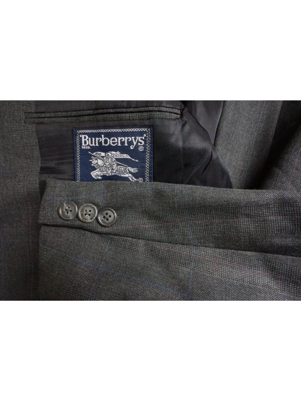 Burberry VINTAGE Gray Blue Plaid Wool 2 Pc Suit Jacket Pants Sz 44L